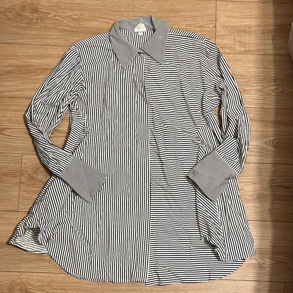 Planet by Lauren G striped button up smock tunic shirt with pockets